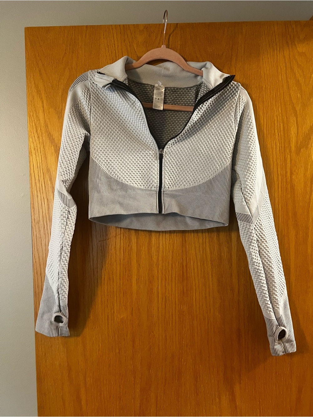 Cropped Textured Zip-Up Hoodie in Light Gray